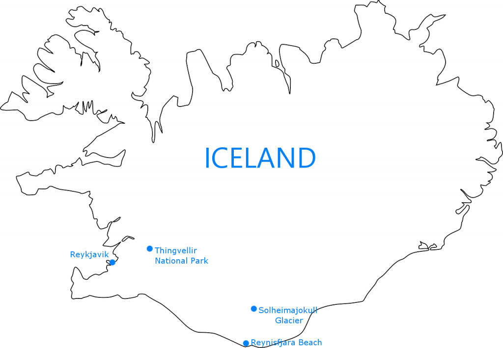 iceland attraction map showing three main tourist spots  - reykjavik thingvellir solheimajokull reynisfjara