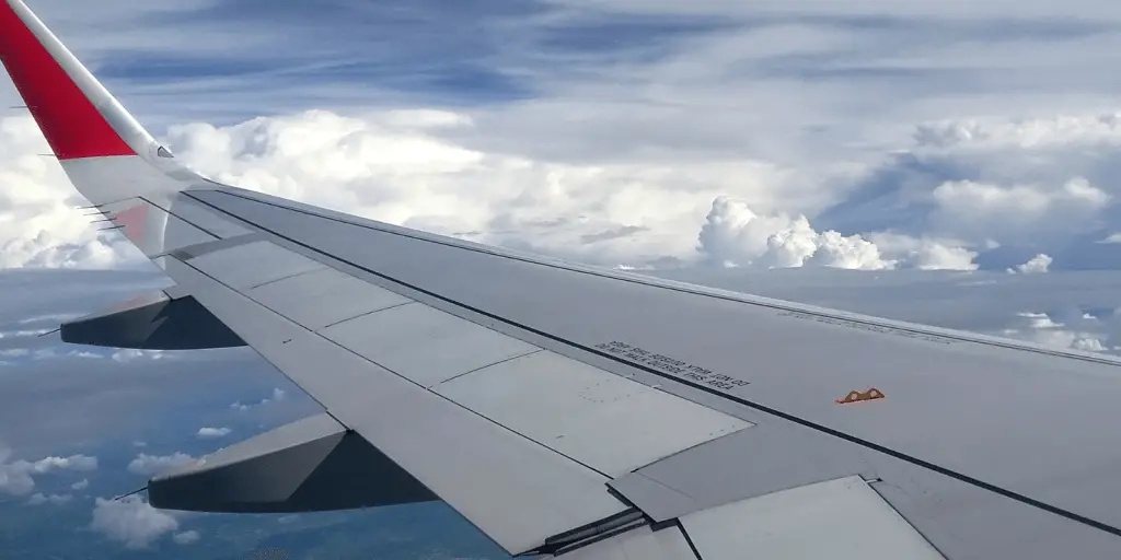 A plane wing in flight; a rare sight in 2020.