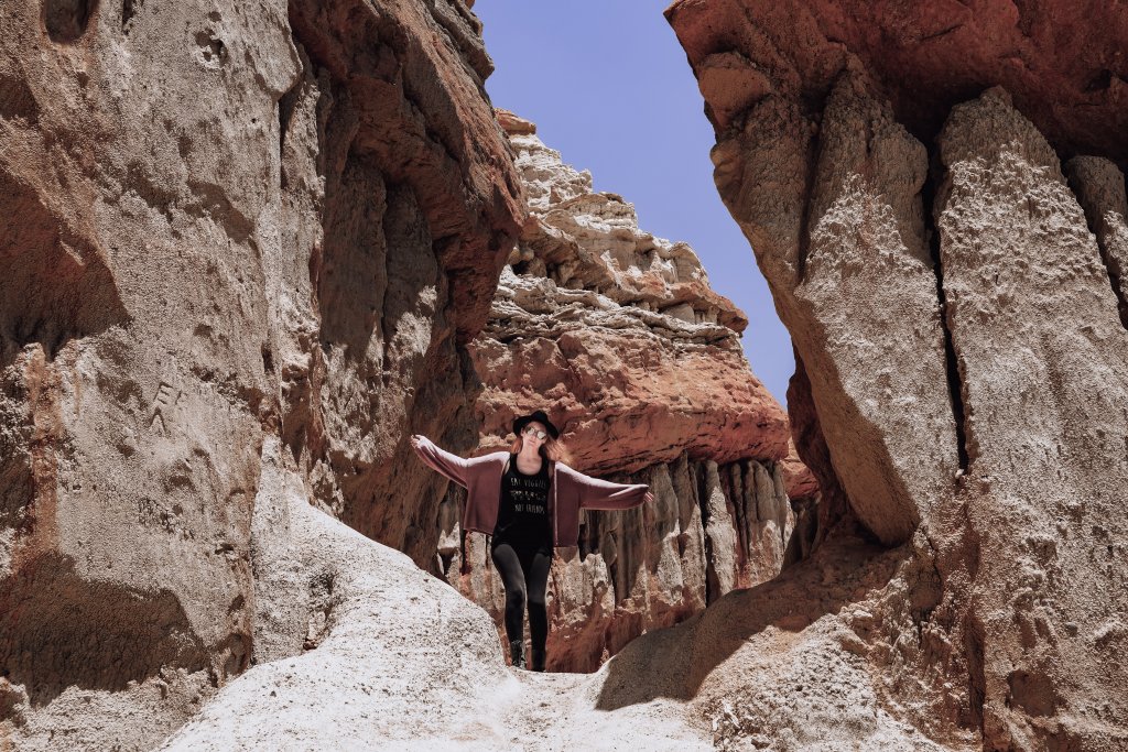 Monica at Red Rock Canyon State Park CA, a must see stop on any California to Arizona Road Trip.