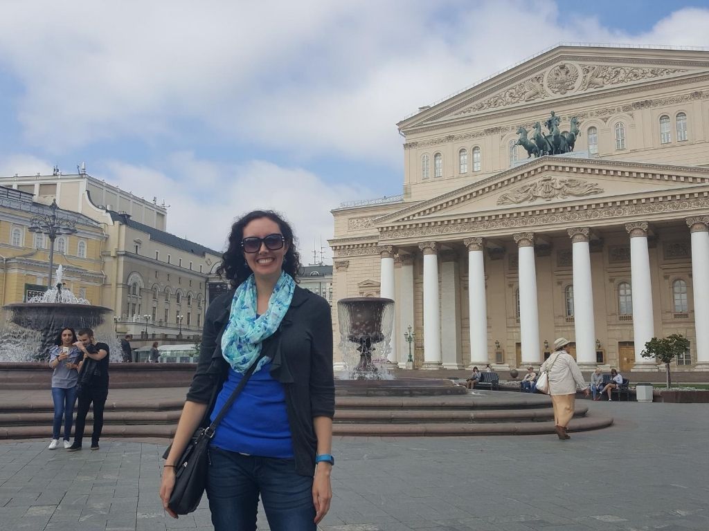 Elizabeth in front of the Bolshoi theater in Russia, where she was teaching abroad.