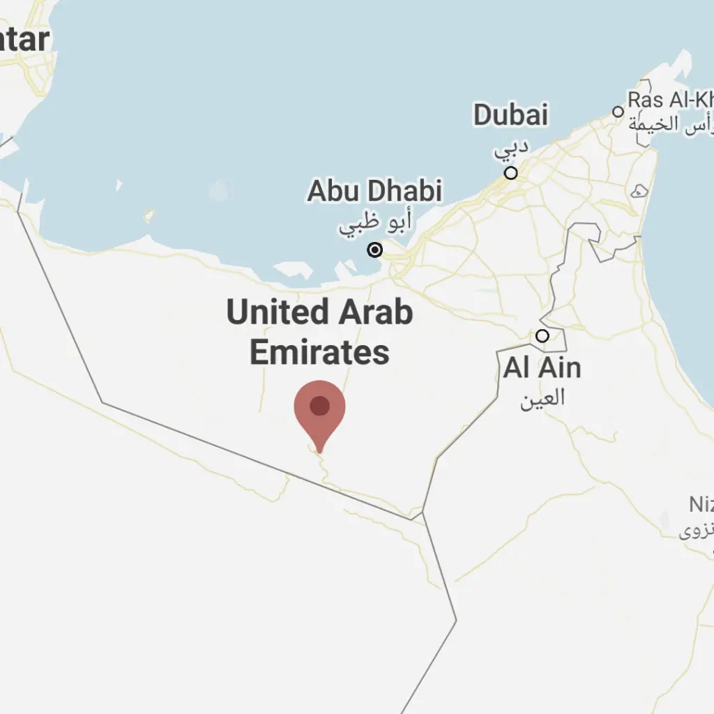 The location of Liwa shown on a map, where your Liwa Desert safari will go