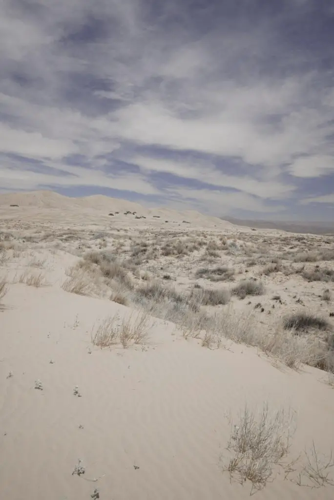 Giant white sand dunes in the Mojave Desert, a must see stop on any California to Arizona Road Trip.