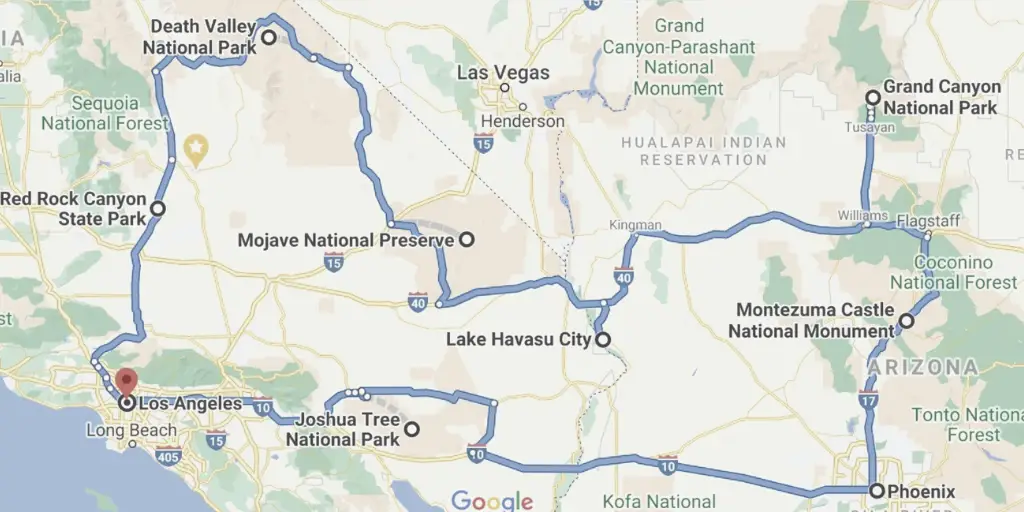 Map of the 12 day road trip from California to Arizona, showing each stop along the way.