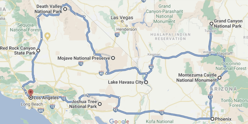 Map of the 12 day road trip from California to Arizona, showing each stop along the way.