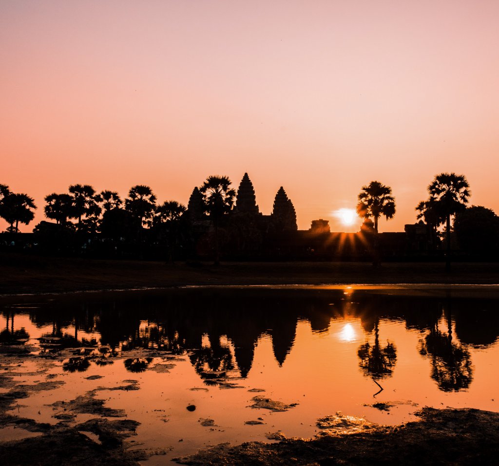 Pink and orange sunrise at Angkor Wat, Cambodia
