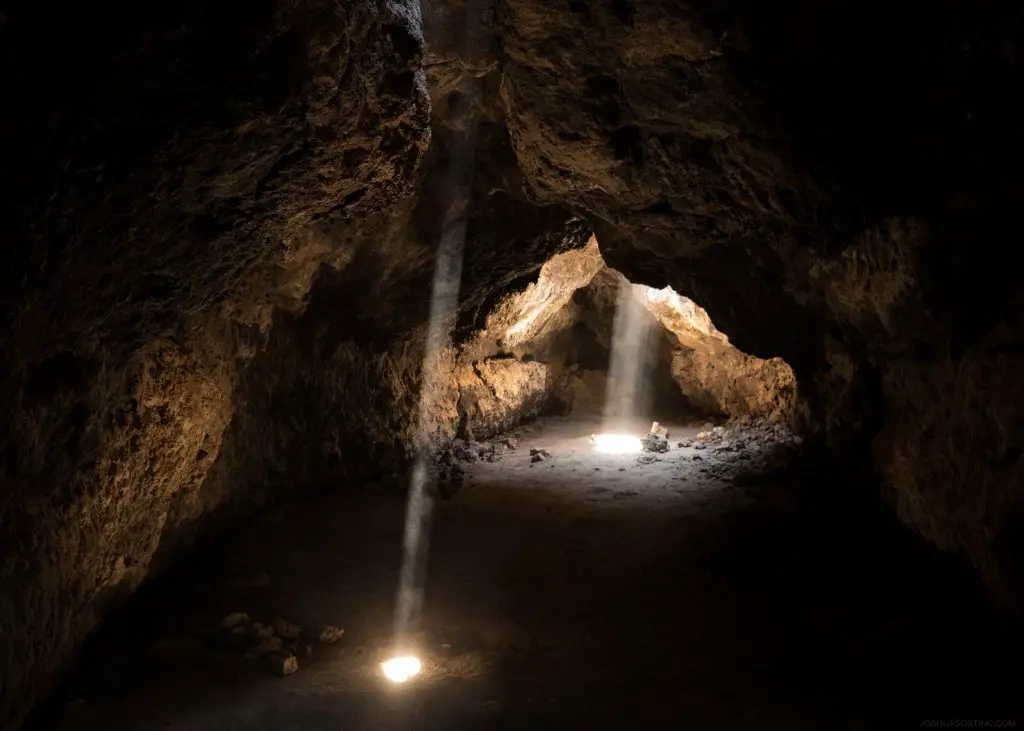 The lava tubes in Mojave National Preserve with light shining in.