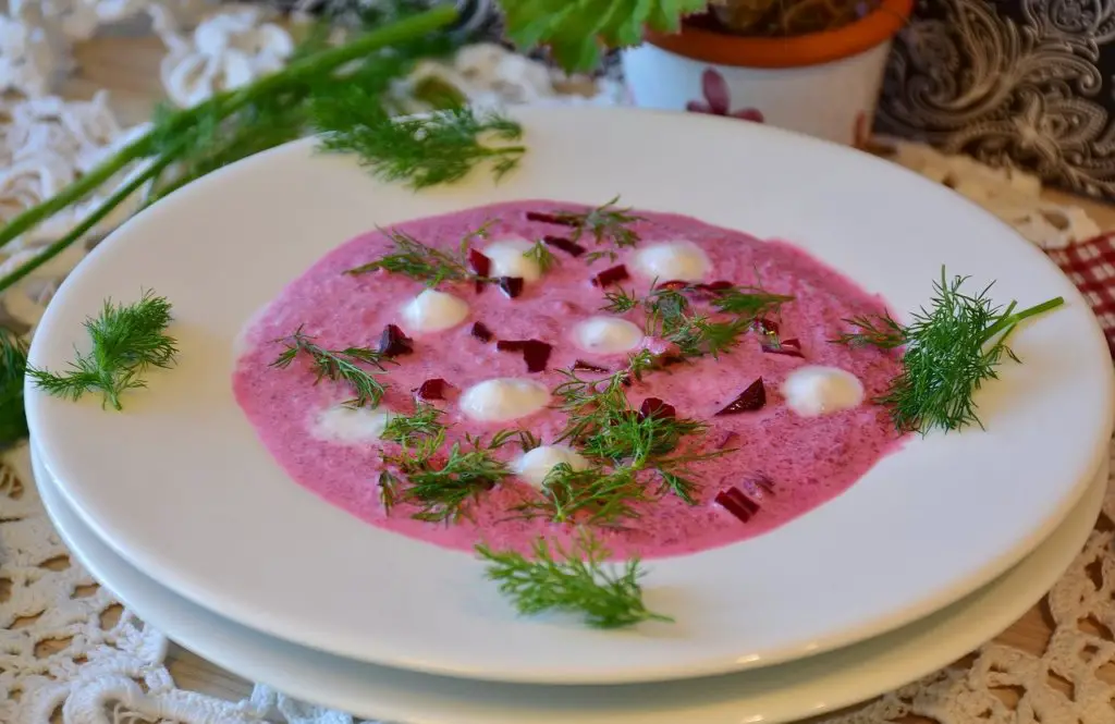Beet root soup, a traditional Lithuanian food  bright pink in color.
