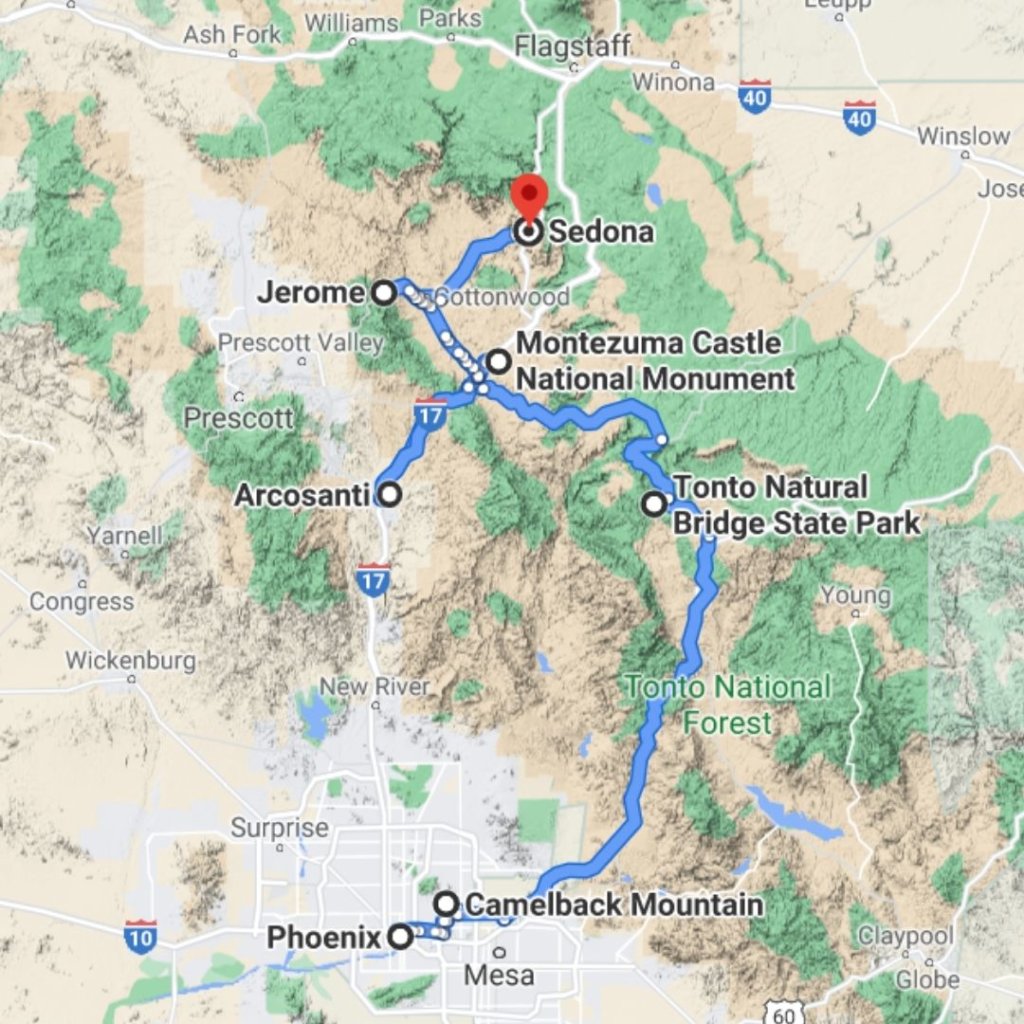 A map of the Phoenix to Sedona drive with all stops marked.