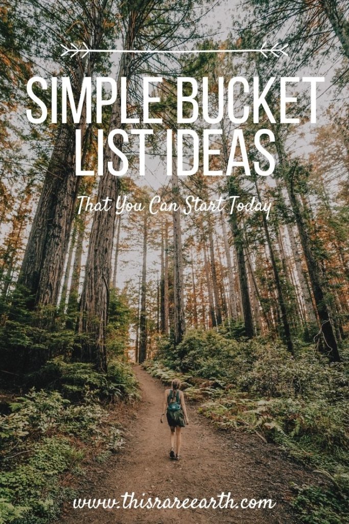 Pinterest pin for simple bucket list items, showing a giel hiking in the woods.