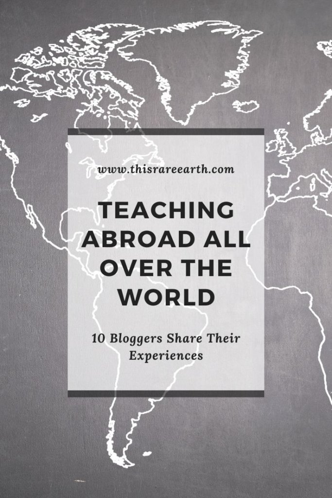 Teaching Abroad pin with black and white world map drawing.