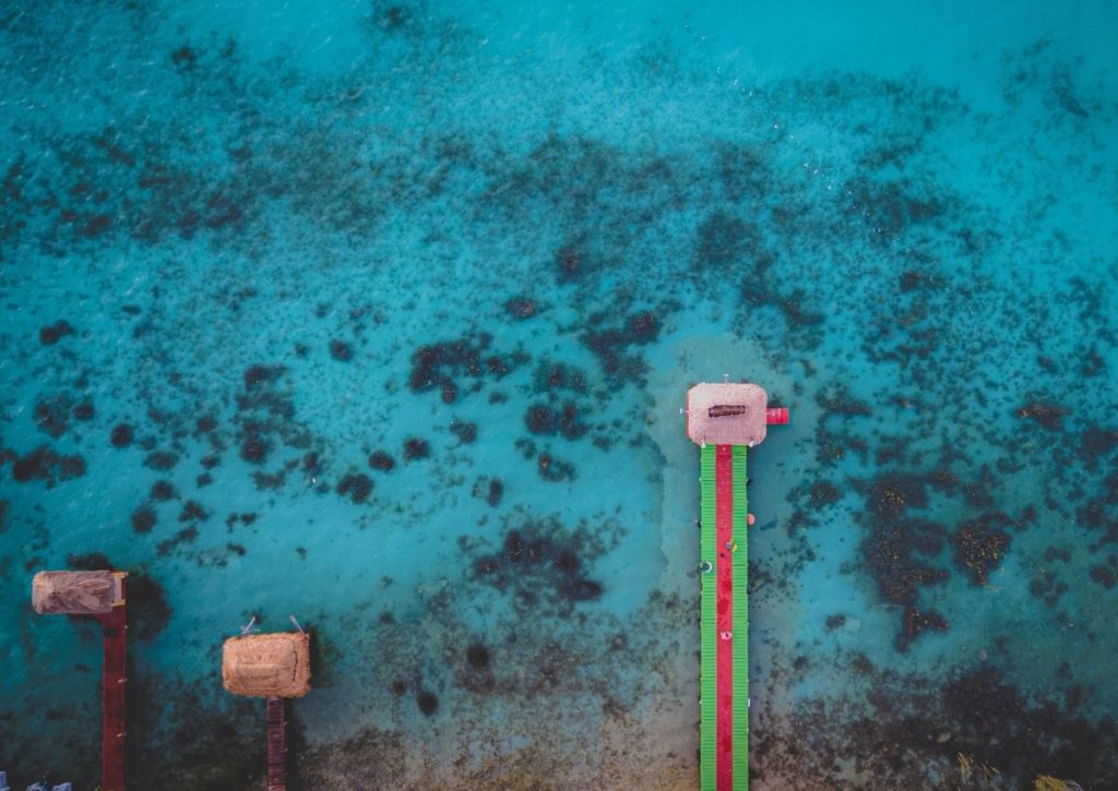 Laka Bacalar, in the southern Yucatan Peninsula, with crystal blue waters.