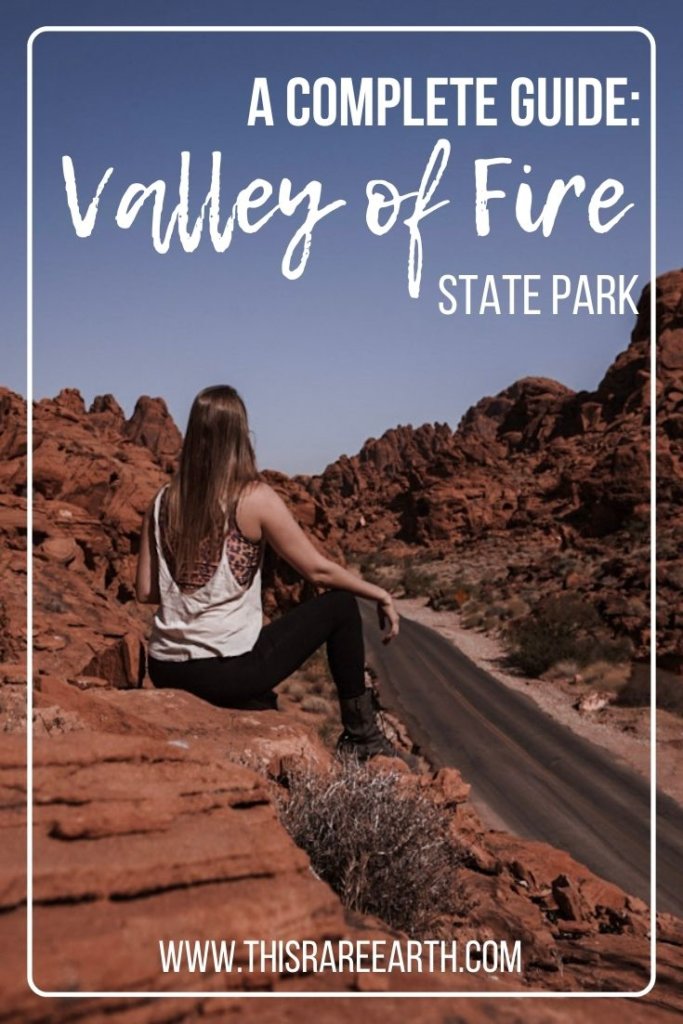 Valley of Fire State Park Complete Guide Pin.  Overlooking jagged mountains.