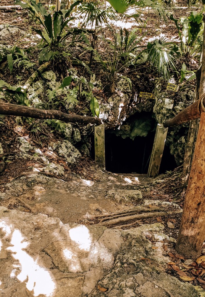 Wooden stairs leading to the small cave entrance into the cenote.