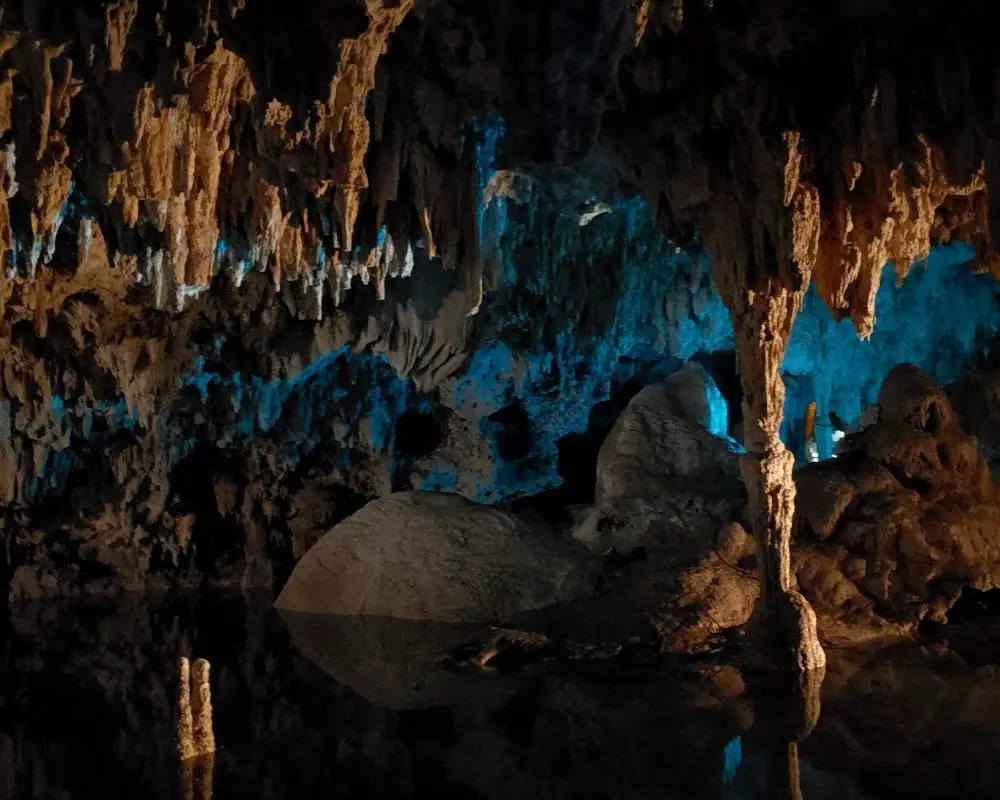 Stalactites and stalagmites in Cenote Caracol.