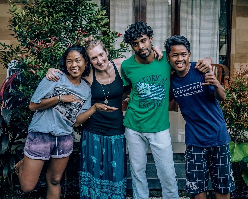 Monica with new friends in Bali, Indonesia.