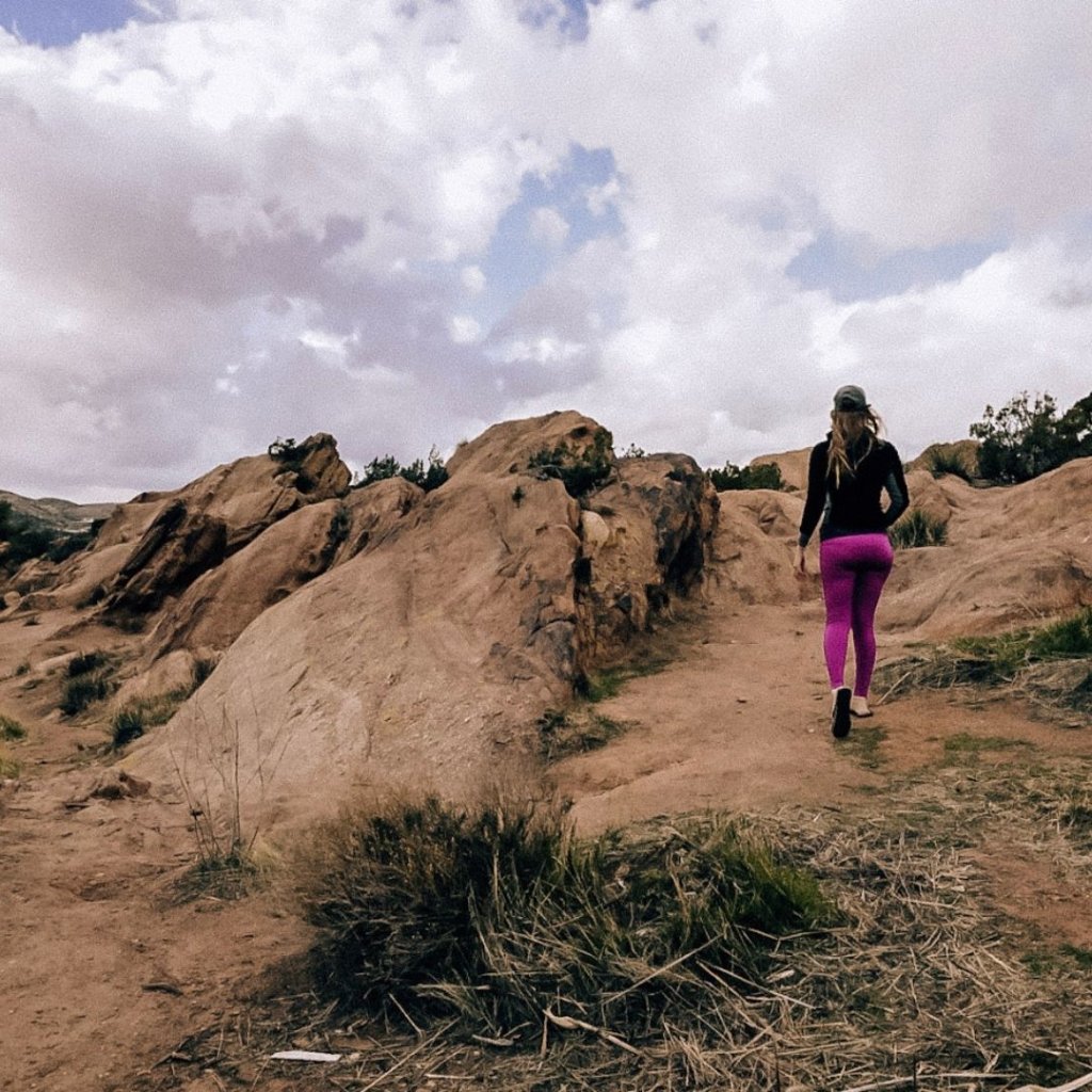 Monica walking the Geology Trail at Vasquez Rocks Park.