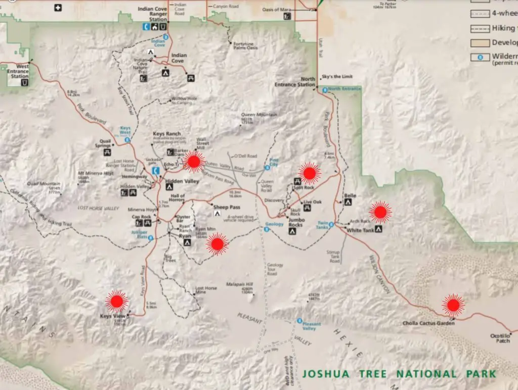 Joshua Tree National Park map with each sunrise spot bookmarked.