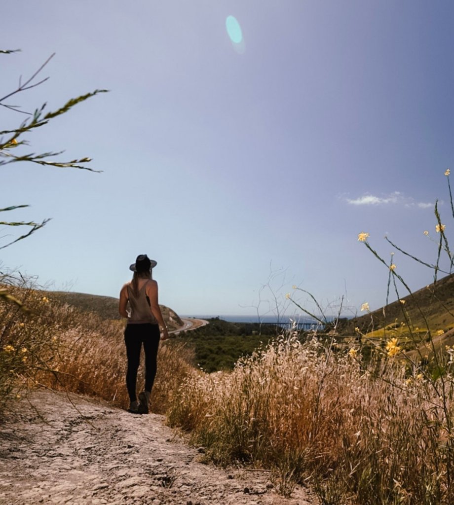 Monica on The Gaviota Wind Caves Trail, overlooking the Pacific Ocean.