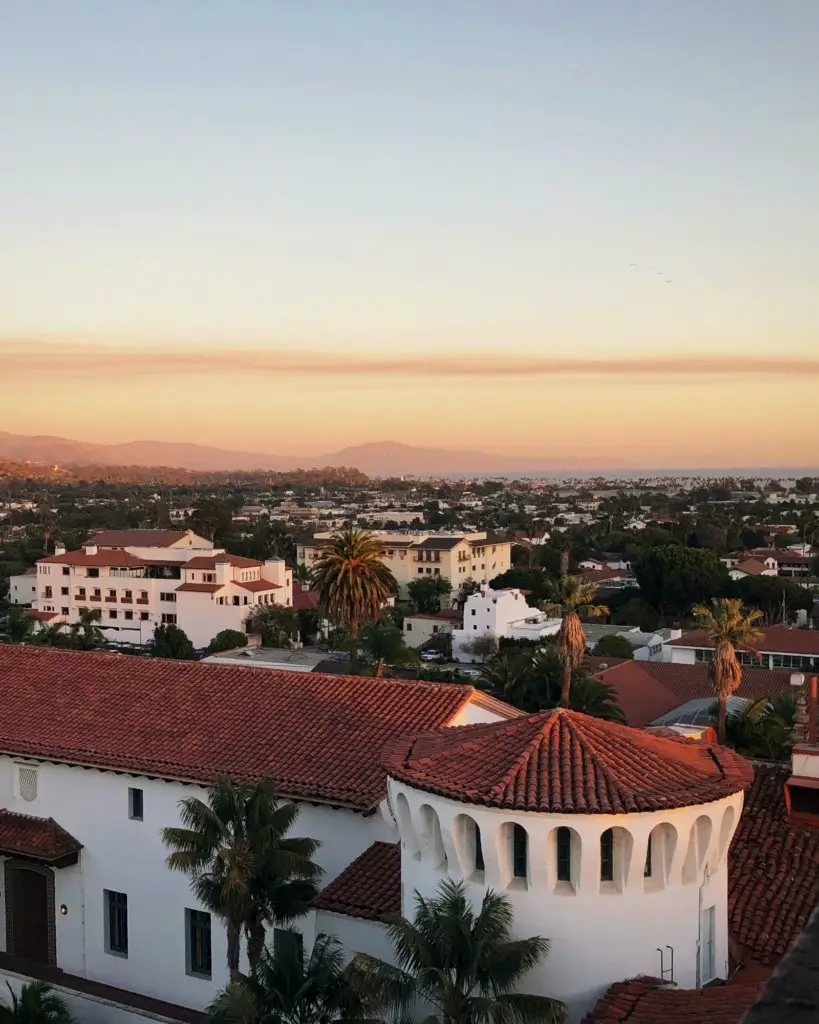 Aerial view of Santa Barbara at sunset.