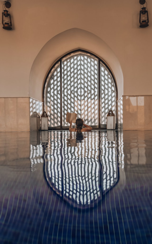 The tranquil indoor pool at Mysk al Badayer Retreat.