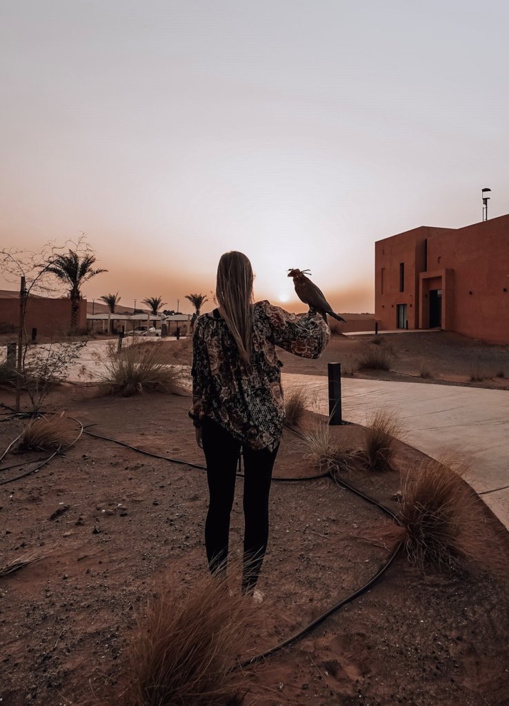 Monica with the falcon Marley at Mysk al Badayer Retreat.