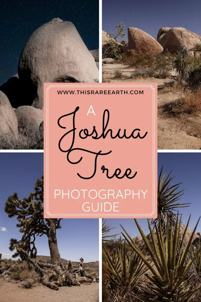 A Joshua Photography Guide pinterest pin featuring four Joshua Tree images.