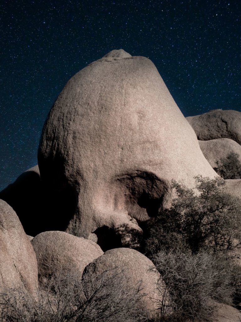 The famous skull rock at night, lit up by the stars in Joshua Tree National Park.