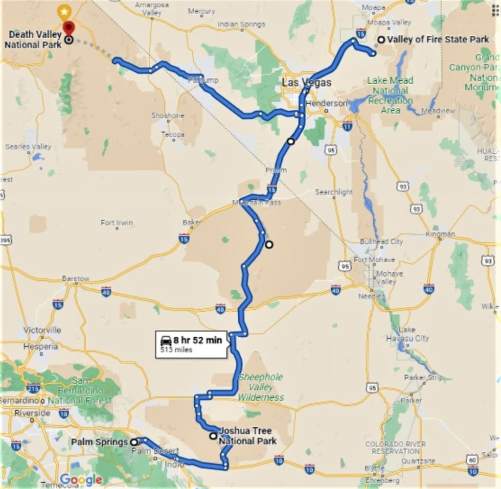 Joshua Tree to Death Valley map featuring all of the stops alng the way.