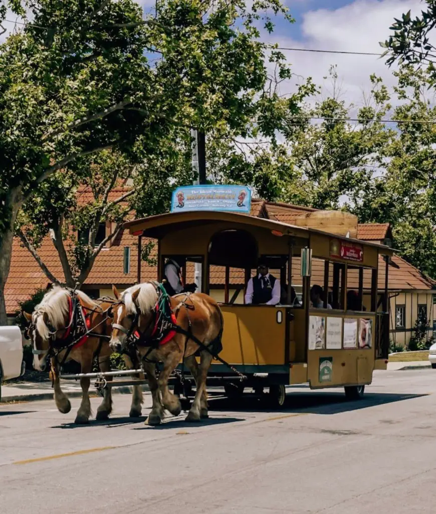 Horses trotting in Solvang's streets - a must-see on your Southern California Bucket List!
