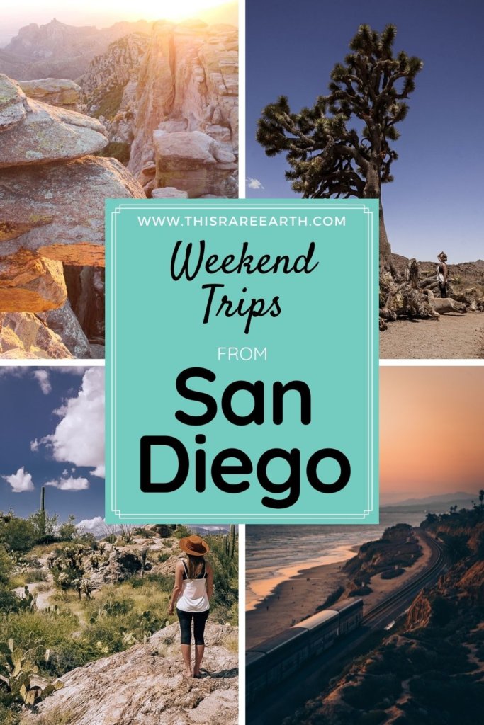 Weekend Trips from San Diego pin featuring mountains, coast, and desert.