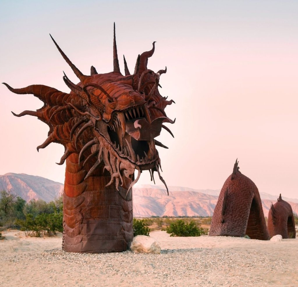 The larger than life Borrego metal sculptures. After Hiking the Anza Borrego Palm Canyon Trail, this should be your next stop!