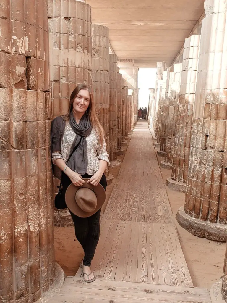 Clad in long pants, shirt, scarf, and hat - What to Where in Egypt - a packing list for women.