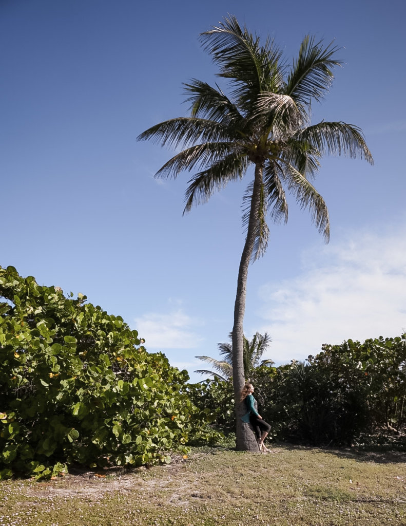 Monica leaning against a palm tree in Florida - Packing List for Florida.