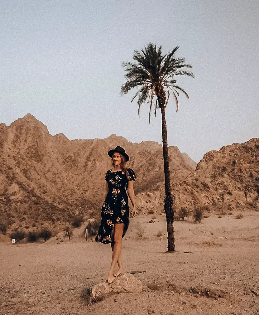 Monica in front of a tall skinny palm tree on her weekend in Palm Springs.