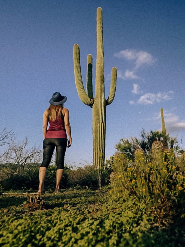 Monica hiking the cactus-filled Saguaro National Park, one of The Best Day Trips From Phoenix, Arizona.