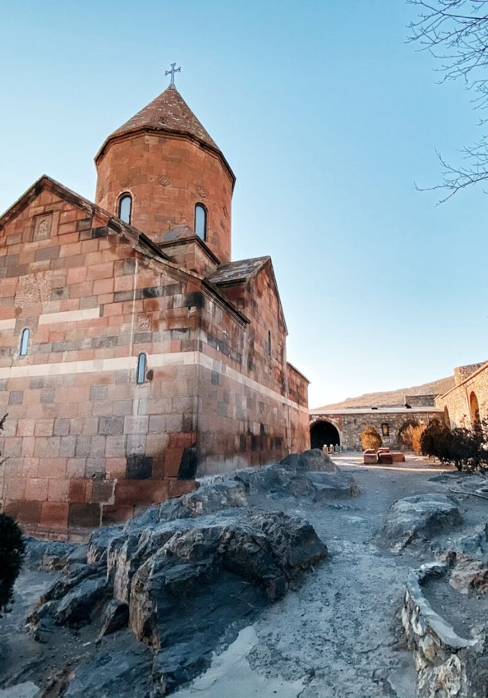 The Khor Virap monastery on a bright morning in Armenia, one of the best tourist attractions n Armenia.