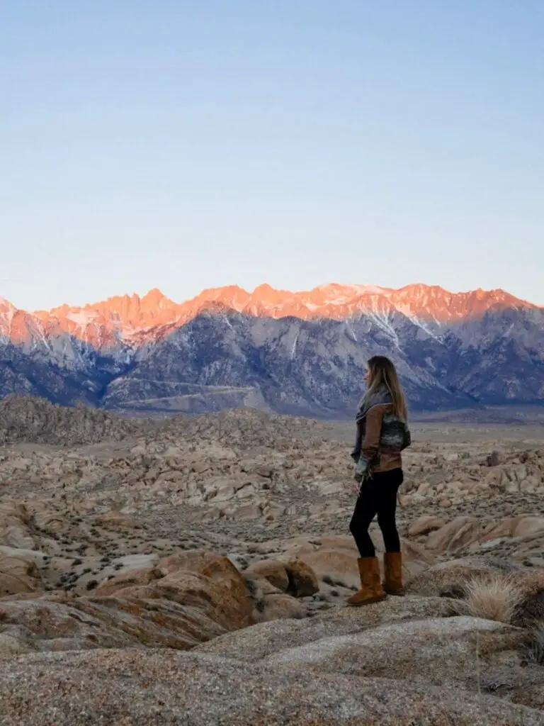 Monica gazing out into the Alabama Hills at sunrise - California themed gift ideas.