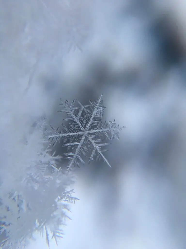 A close up view of a perfect snowflake.