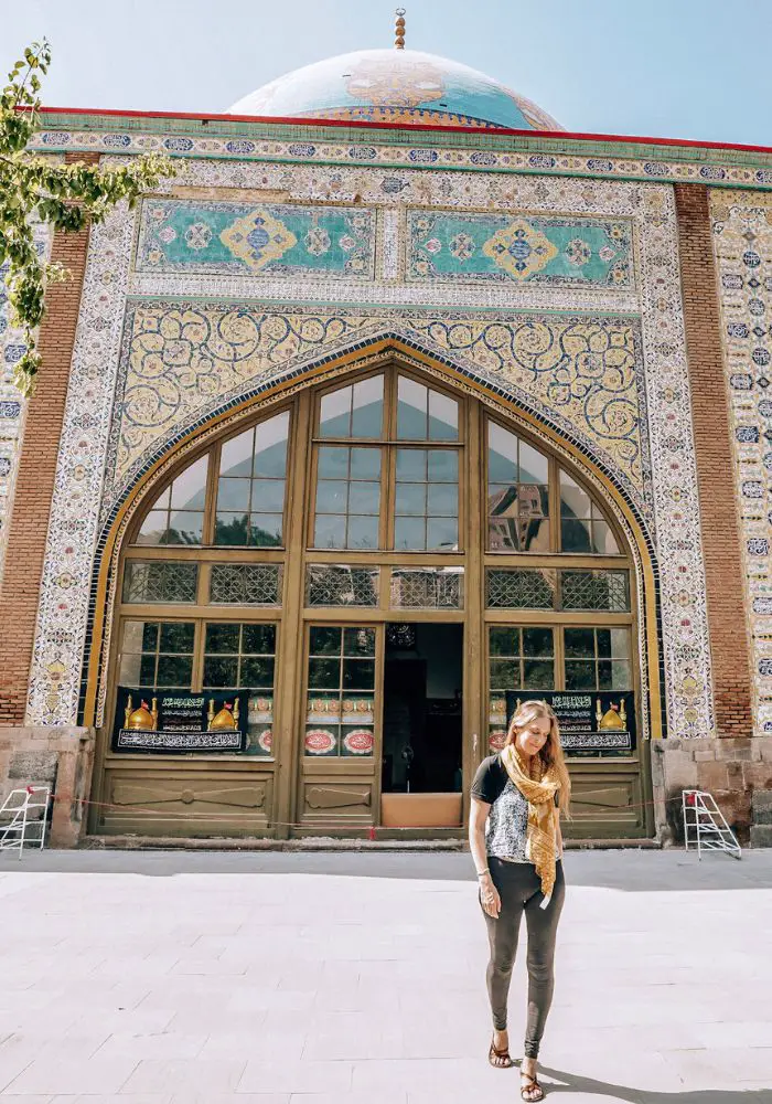 Monica in front of the Blue Mosque in Yerevan, Armenia.