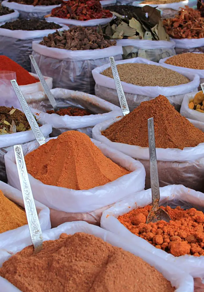 Rows of colorful spices.