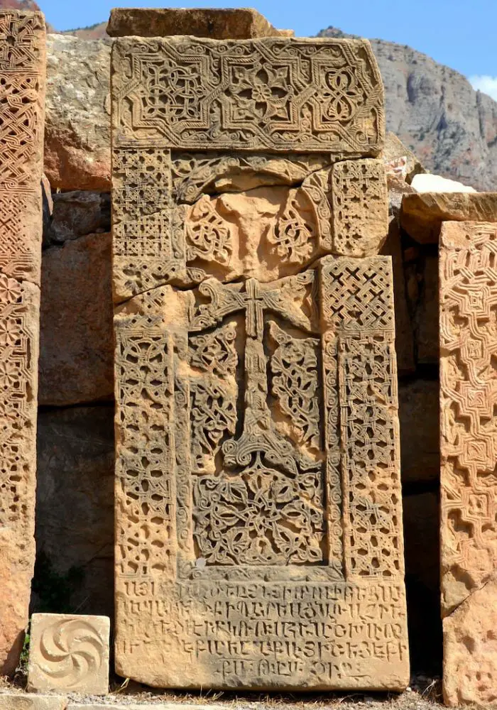 Intricately carved stonework at Noravank monastery, one of the best Things to Do in Areni, Armenia.