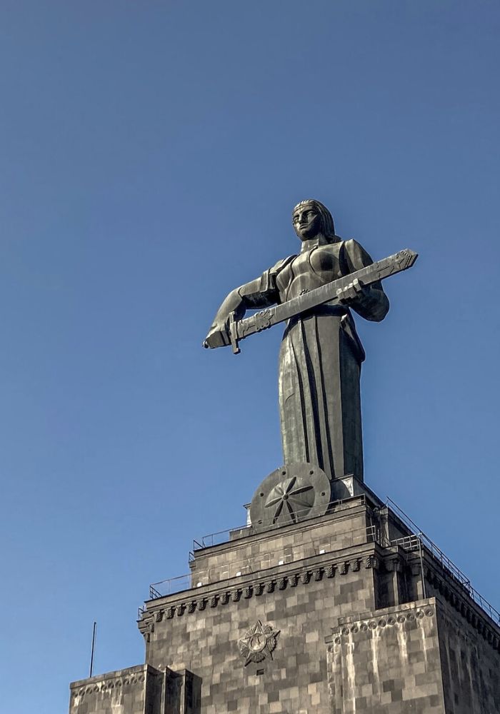 Mother Armenia against a clear blue sky in Yerevan, Armenia.