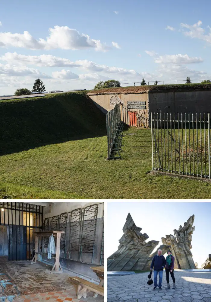 Photos of the Ninth Fort, one of Things to do in Kaunas Lithuania - the firing squad wall, the cells, and the memorial sculpture.