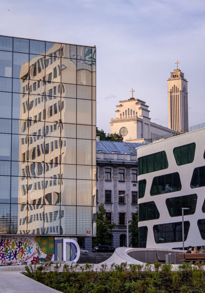 White and grey buildings in Kaunas.