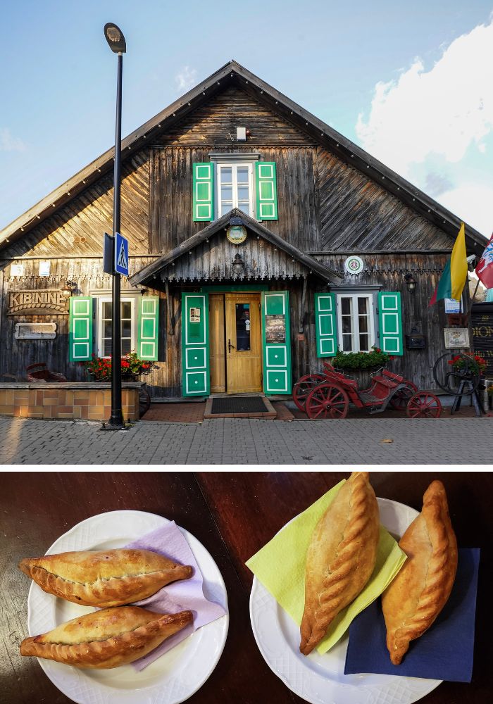 Senoji Kibinine's facade and some of their football-shaped kibinai in Trakai, Lithuania.