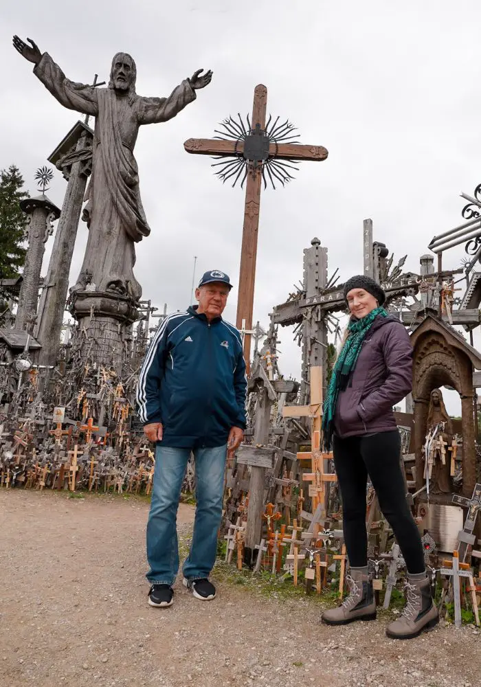Monica and her father at the Hill 5of Crosses, a Catholic site in Lithuania - Interesting Facts about Lithuania.