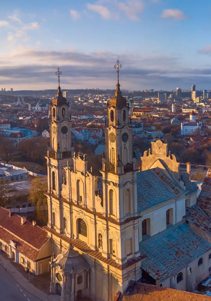 An aerial view of Vilnius at sunset - Interesting Facts about Lithuania.