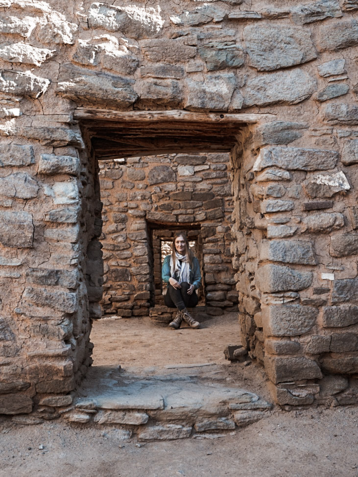 Monica exploring the Aztec Ruins National Monument.