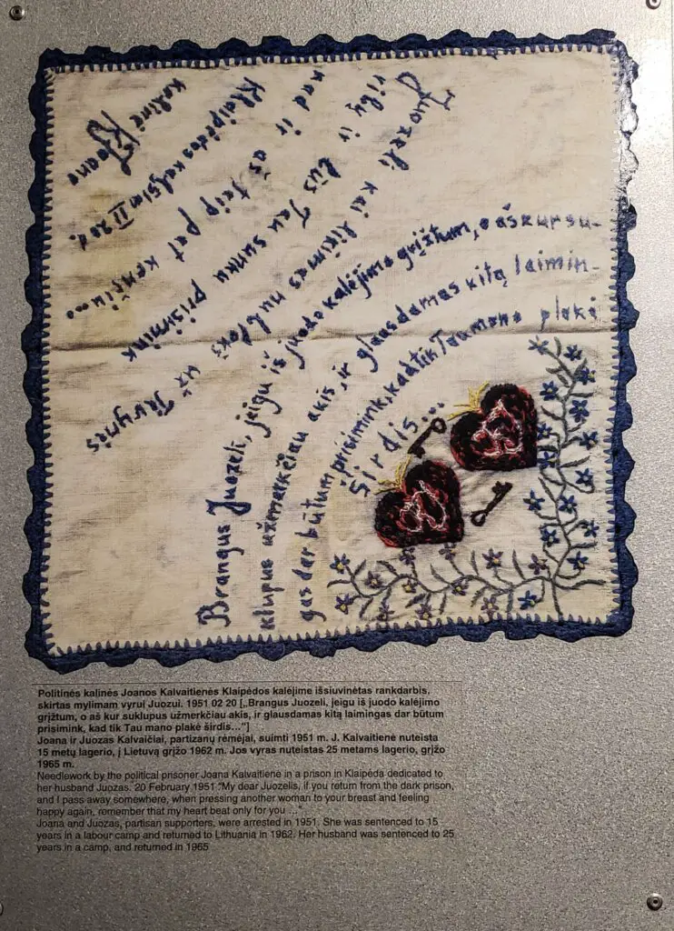 Hand embroidered messages seen in The KGB Museum in Vilnius - Museum of Occupation and Freedom Fights.