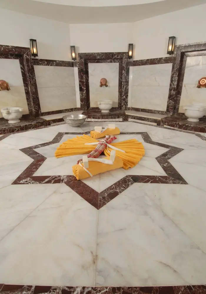 The white and brown marble in a Turkish hamam - an essential stop on your One Day in Istanbul Itinerary.